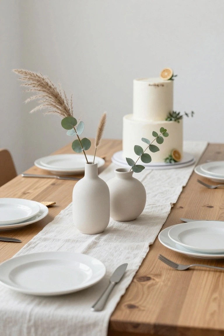Wooden dining table with white plates and cutlery on a white linen runner, featuring a two-tier white cake topped with eucalyptus and dried orange slices, flanked by white ceramic vases holding pampas grass and eucalyptus stems.