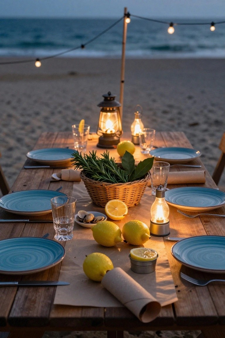 Wooden dining table on a beach at dusk set with blue plates, scattered lemons, a basket of herbs centerpiece, glassware, lanterns, and string lights overhead with ocean waves in the background.