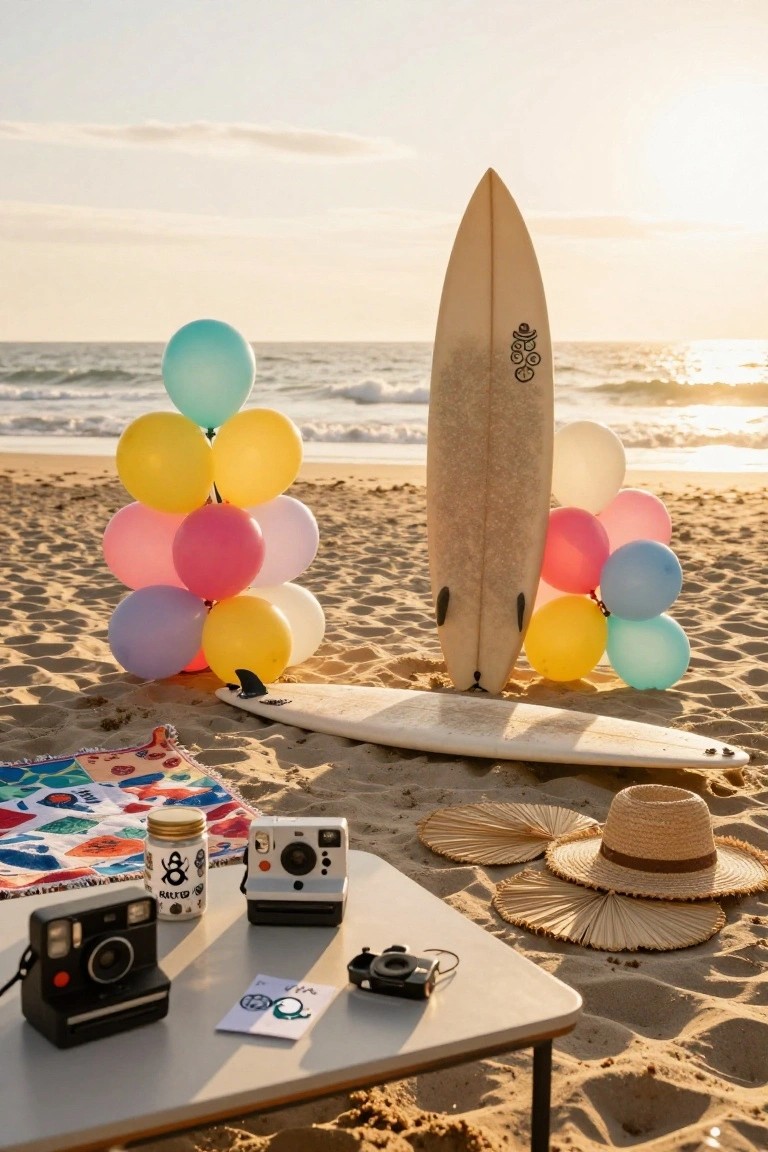 Upright white surfboard stuck in beach sand with clusters of colorful balloons beside it at sunset, picnic table holding instant cameras and a jar on a patterned blanket, straw hats nearby, and ocean waves in background.