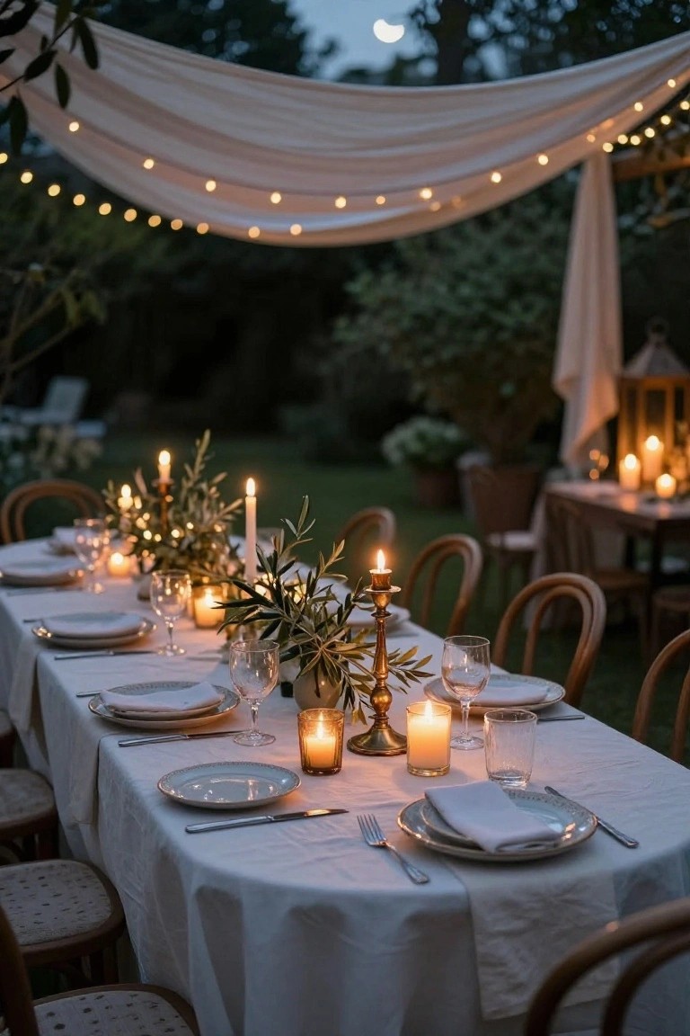 Long wooden table covered in white linen with set places including plates, glasses, silverware, napkins, olive branch and candle centerpieces, bistro chairs around it in a garden at dusk under draped white fabric, string lights, lanterns, and a crescent moon visible.