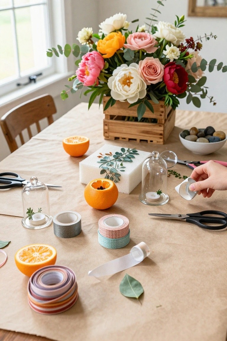 A kraft paper-covered wooden table with a wooden crate holding a bouquet of peonies, roses, and eucalyptus, carved oranges, glass dome cloches with tea lights and greenery, rolls of colorful washi tape and ribbons, scissors, small stones in a bowl, and a hand placing a round sticker on a dome base.