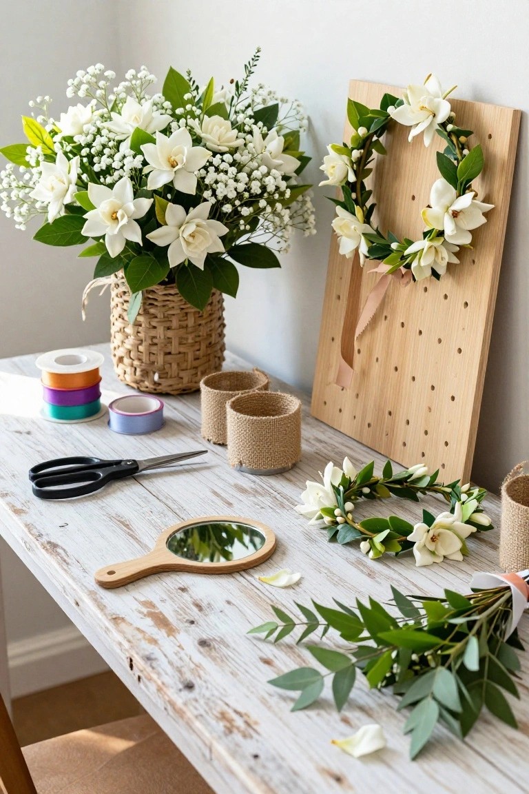White gardenia flowers in a woven basket, assorted ribbons, scissors, a wooden-handled mirror, small jute pots, and two flower crowns on a whitewashed wooden table next to a pegboard displaying another crown.