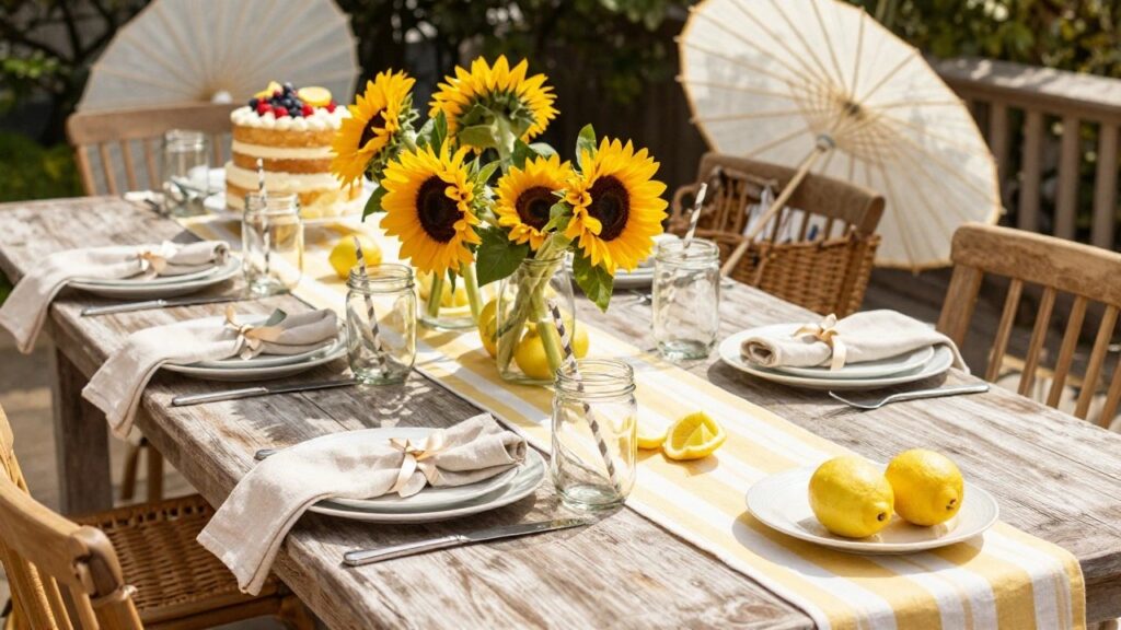 Rustic wooden outdoor table set with white plates, napkins tied with gold ribbons, mason jar glasses with straws, a central lemon berry cake, tall sunflower bouquet in a vase, yellow striped runner, and a basket of colorful paper umbrellas nearby.