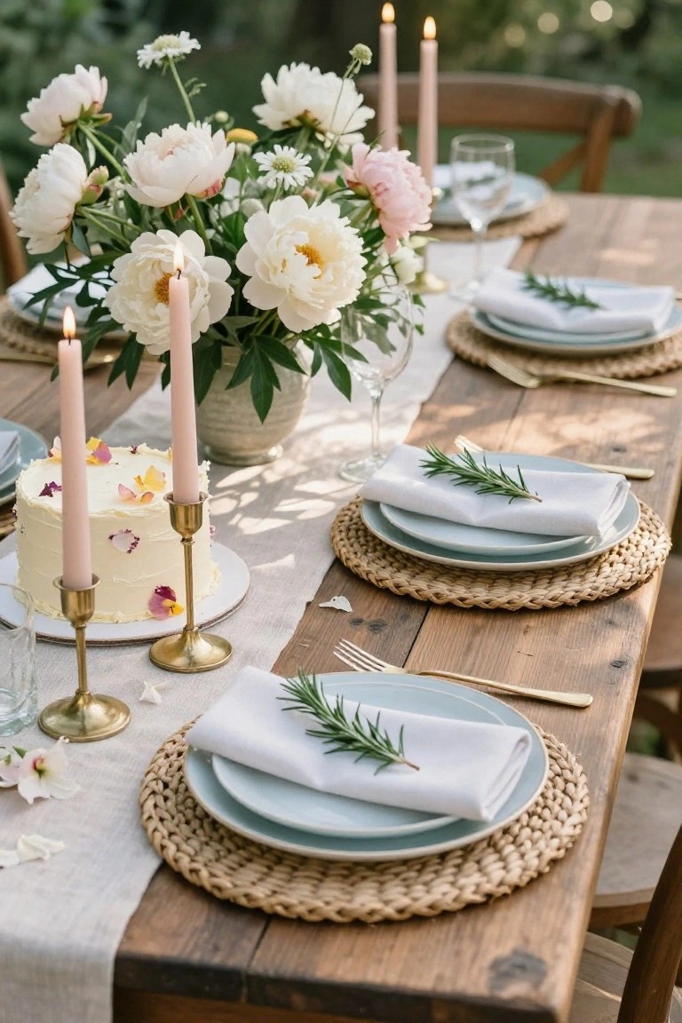 Outdoor wooden table set with white and pink peony bouquet centerpiece, small white cake topped with edible flowers and candles, blue plates on rattan chargers, white napkins with rosemary sprigs, taper candles, and wine glasses.
