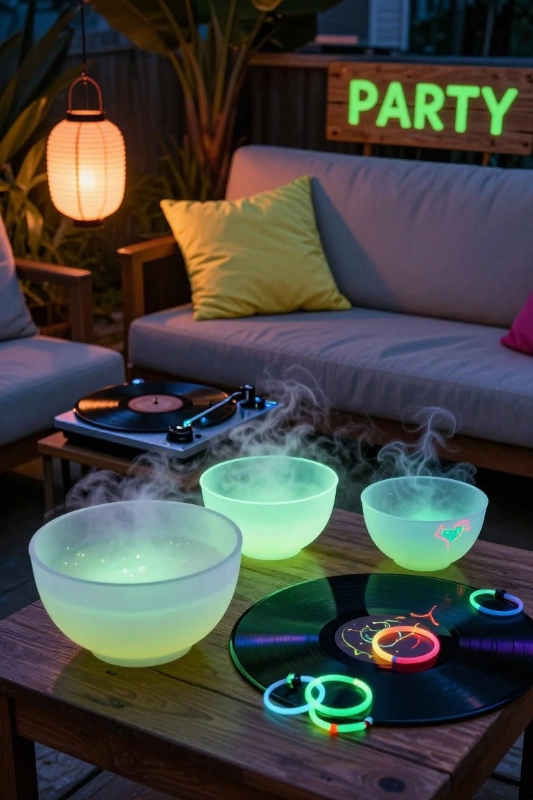 Outdoor nighttime backyard party setup featuring several large clear glass bowls filled with glowing green liquid and fog, a vinyl record player with neon glow stick bracelets on a record, lounge chairs, pillows, potted plants, a paper lantern, and a wooden 'PARTY' sign.