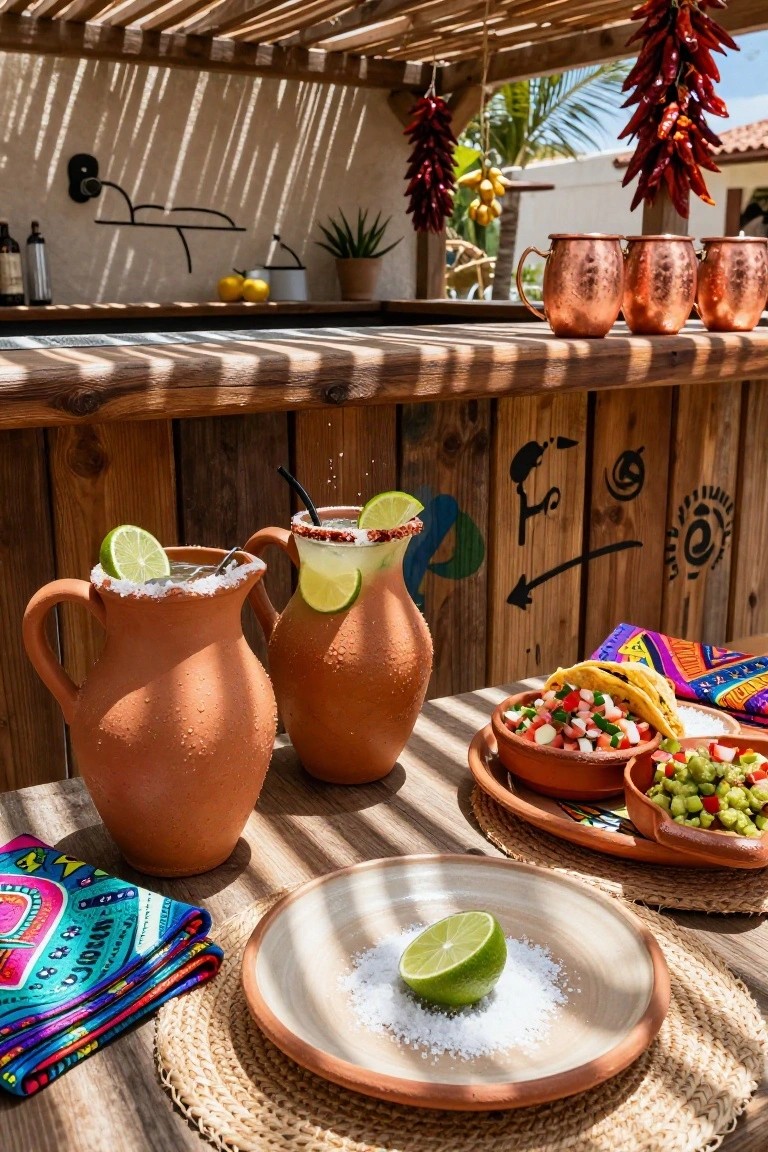 Two large terracotta pitchers of margaritas with salt rims and lime garnishes on a wooden outdoor table, accompanied by plates of tacos, guacamole, beans, rice, and colorful napkins under a shaded patio.