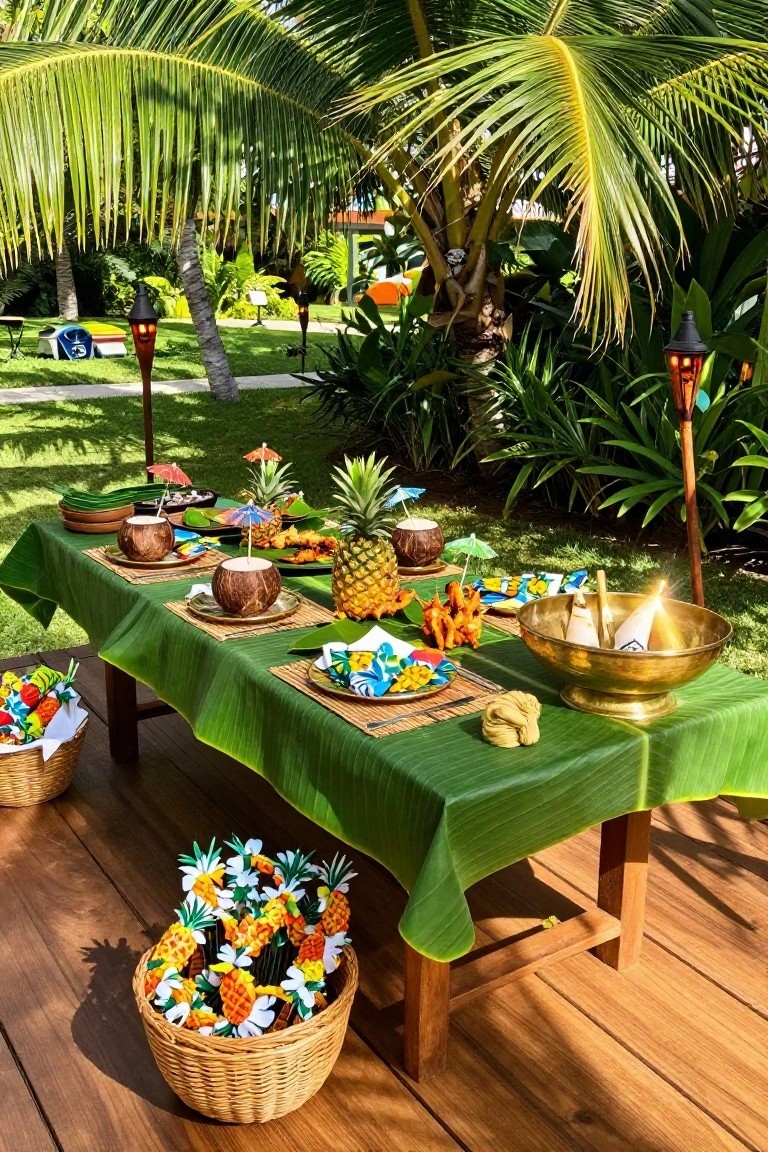 Outdoor wooden table covered with green banana leaves holding coconut drinks, pineapples, fruit platters, and tropical decorations amid palm trees and tiki torches.