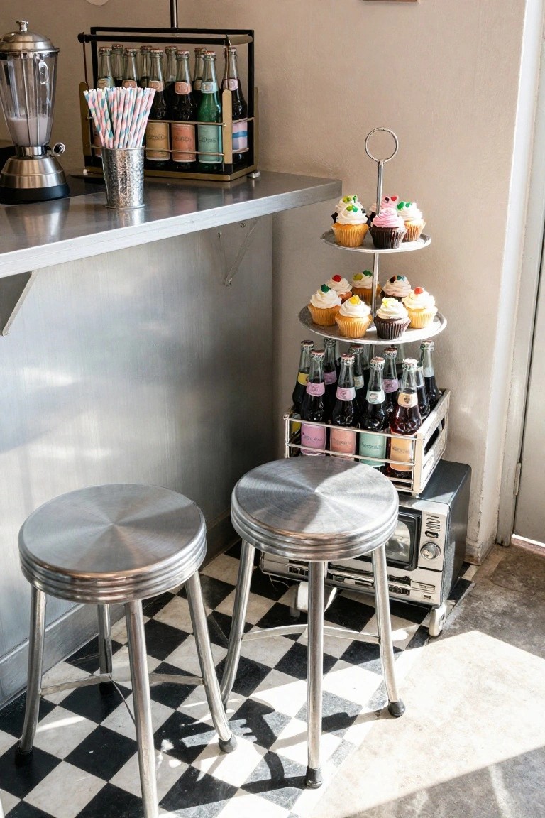 Stainless steel bar counter with two chrome stools on black and white checkered floor, tiered stand holding colorful frosted cupcakes, wooden crate of assorted vintage soda bottles, metal blender, and straws in a tin.