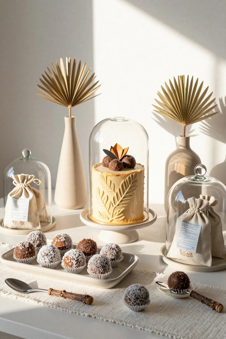 A neutral-toned tablescape with glass dome cloches covering a yellow leaf-patterned cake, chocolate truffles, and fabric bags, flanked by tall beige vases with dried palm fronds on a white table with a wooden-handled spoon.