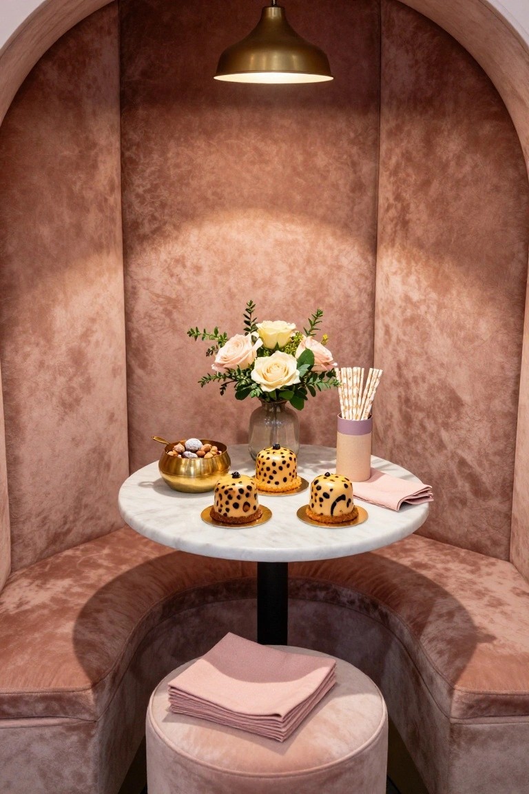 Curved blush pink upholstered booth seating around a small white marble table holding gold bowls of nuts, leopard print cupcakes on gold stands, a vase of white and pink roses, striped straws in a cup, and stacked pink napkins on a pink velvet stool, lit by a gold pendant lamp.