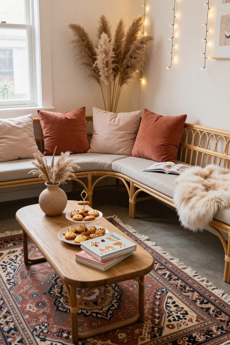 Indoor corner lounge setup featuring a curved rattan bench with beige cushions in pink and terracotta tones, tall pampas grass arrangements, a low wooden coffee table holding plates of animal-shaped cookies, open books, and a textured vase, with string lights and a red Persian-style rug on the floor.