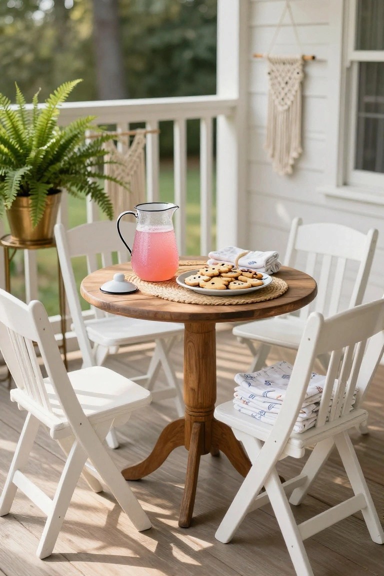 Small round wooden table on a sunny white porch set with a white enamel pitcher of pink lemonade, a white plate of brown animal-shaped cookies on a seagrass placemat, folded white napkins, white folding chairs, potted ferns, and macrame wall hangings.