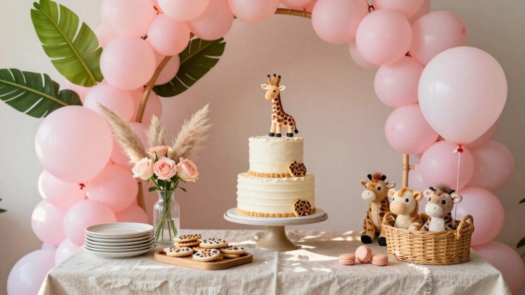 Outdoor dessert table with a two-tier white cake topped by a giraffe figurine on a wooden pedestal stand, surrounded by leopard print cookies on a wooden tray, pink macarons, pink roses in vases, tiger and giraffe stuffed animals in a wicker basket, pampas grass, and pink balloons against a backdrop of green leaves.