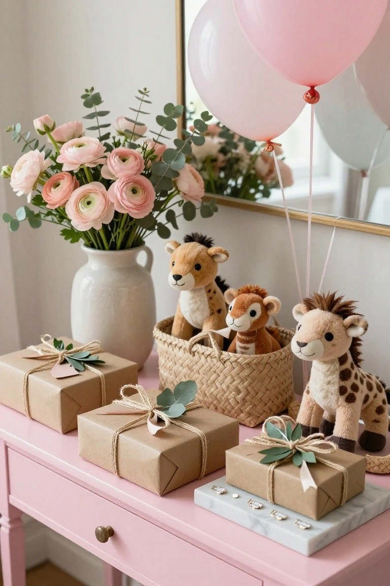 Pink dresser topped with several kraft paper wrapped gifts tied with twine and green leaves, beside a wicker basket holding stuffed toy safari animals including a giraffe, fawn, and lion, with a vase of pink flowers, balloons, and a mirror in the background.