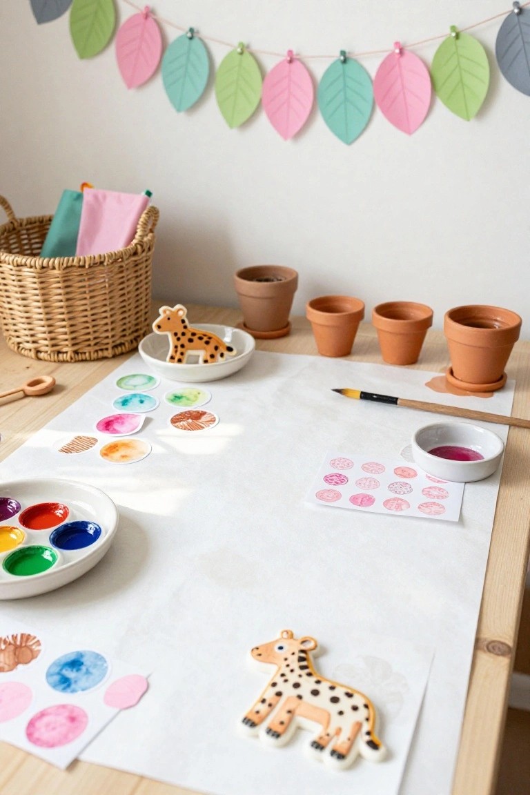 Wooden table covered in white paper with paint dishes, brushes, small terracotta pots, wooden giraffe cookie cutters, colorful stamped circles, and a wicker basket nearby against a wall with hanging paper leaves.