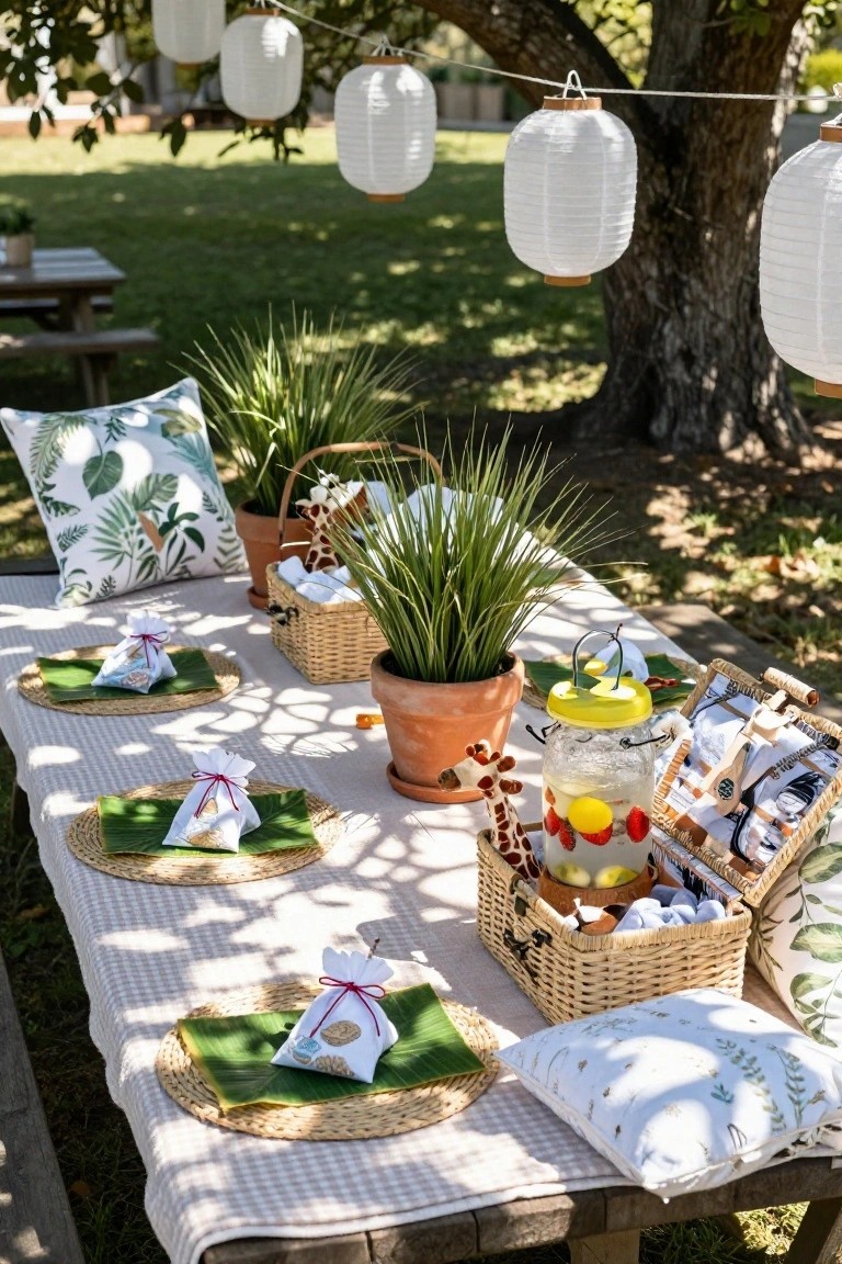 Outdoor wooden picnic table decorated for a safari-themed party with potted grasses, toy giraffes, banana leaf placemats holding favor bags, woven baskets, a yellow lemonade dispenser with fruit, pillows, and hanging white lanterns under a tree.