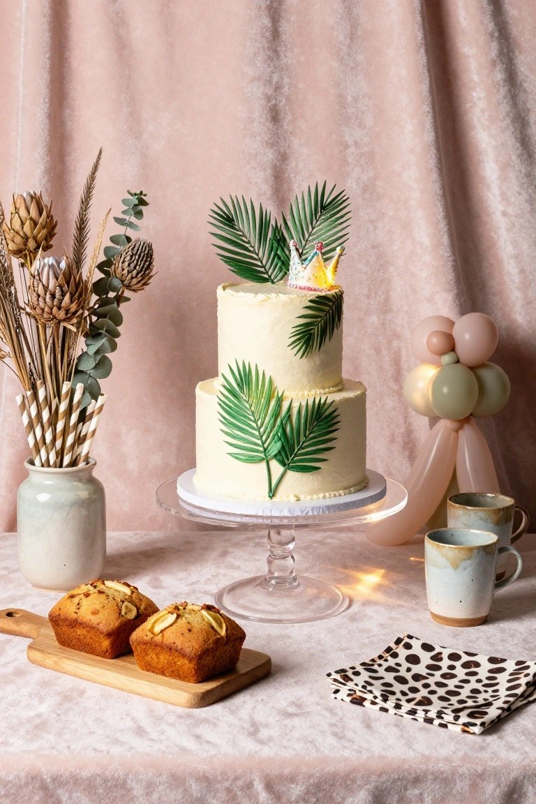 Two-tier white cake with green palm leaf decorations and yellow topper on a clear cake stand, next to wooden board with banana bread loaves, dried florals in vase, striped straws, balloons, ceramic mugs, and leopard print napkins on pink backdrop.