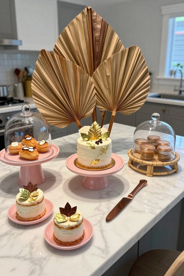 Kitchen countertop setup with tall beige pampas grass fans as backdrop, pink pedestal stands holding cream desserts topped with gold leaves, a small white cake with gold accents on pink stand, glass cloches over eclairs and copper jars, copper knife nearby.