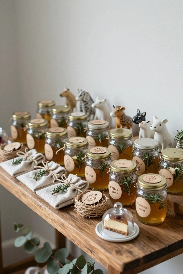Wooden table holding rows of small glass jars filled with honey, each with a wooden label and rosemary sprig, surrounded by small ceramic animal figurines like zebras and giraffes, fabric bags tied with twine, and a cloche-covered cheesecake slice.