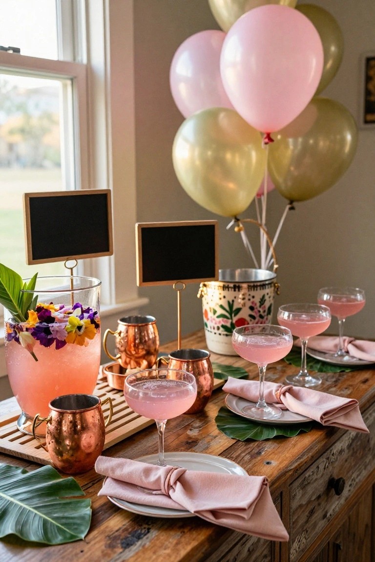 Wooden table with pink punch in a glass bowl garnished with flowers, pink cocktails in coupes and copper mugs, pink napkins on plates, palm leaves, chalkboard signs, and cluster of pink and gold balloons nearby.