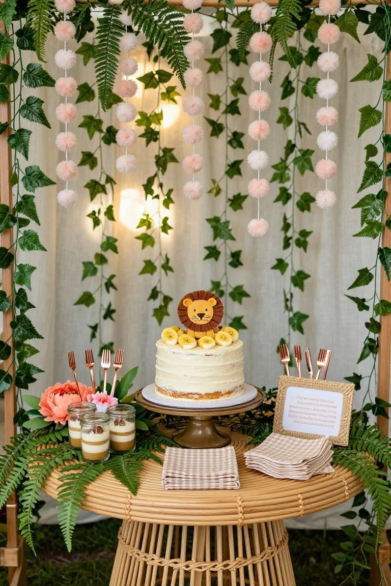 Rattan table holding a white cake topped with a lion figure and bananas, three parfait jars, gold forks, checkered napkins, and a woven sign frame, under a wood arch draped with pink and white pom-poms, ferns, ivy, and string lights against a white curtain.