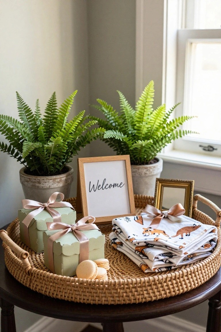 Round wicker tray on a small wooden table in a corner holds two potted green ferns flanking a wooden framed 