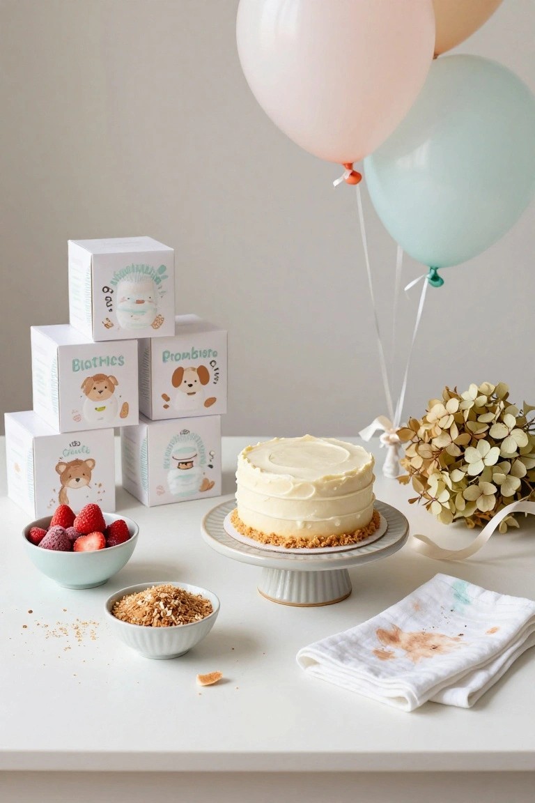 White table with a tiered white cake on a pedestal stand, surrounded by stacked white boxes of baby products illustrated with cartoon dogs, a bowl of strawberries, a bowl of nuts, scattered crumbs, pastel balloons overhead, and dried hydrangeas nearby.