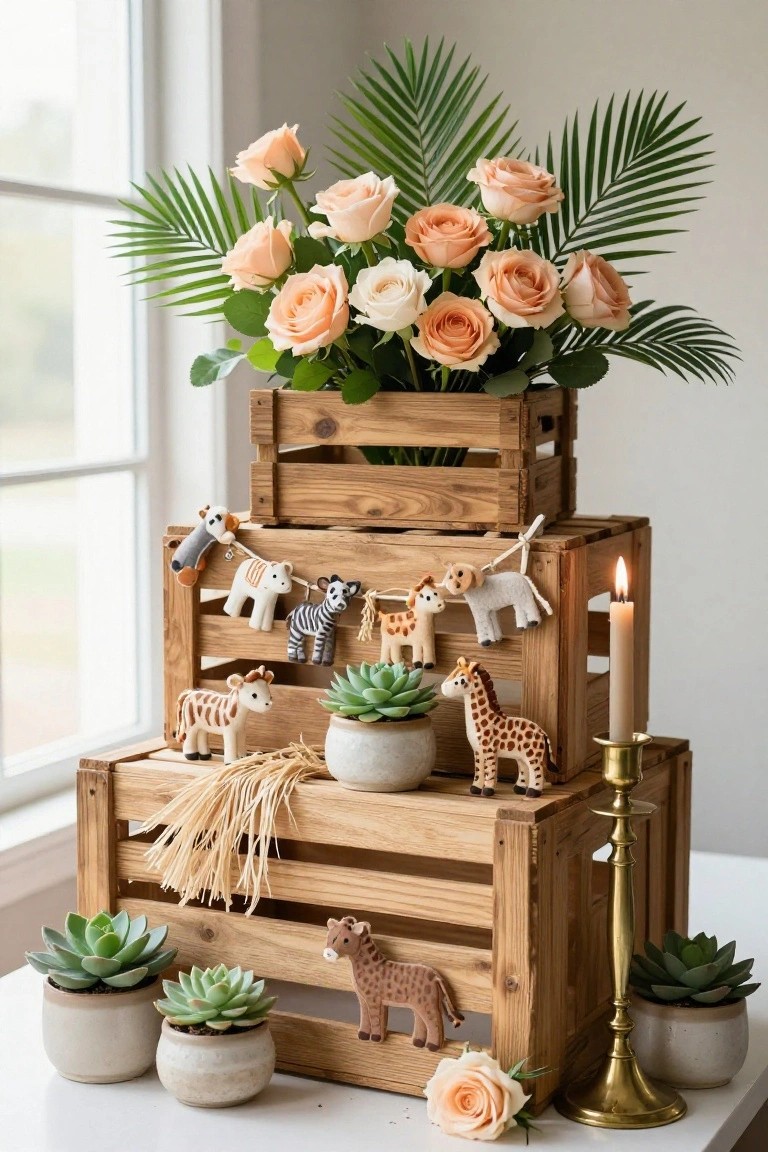 Stacked wooden crates on a white table displaying peach roses in a wooden box, palm fronds, succulents in pots, felt safari animal garland and figurines including giraffes and zebras, and brass candlesticks with white candles near a window.