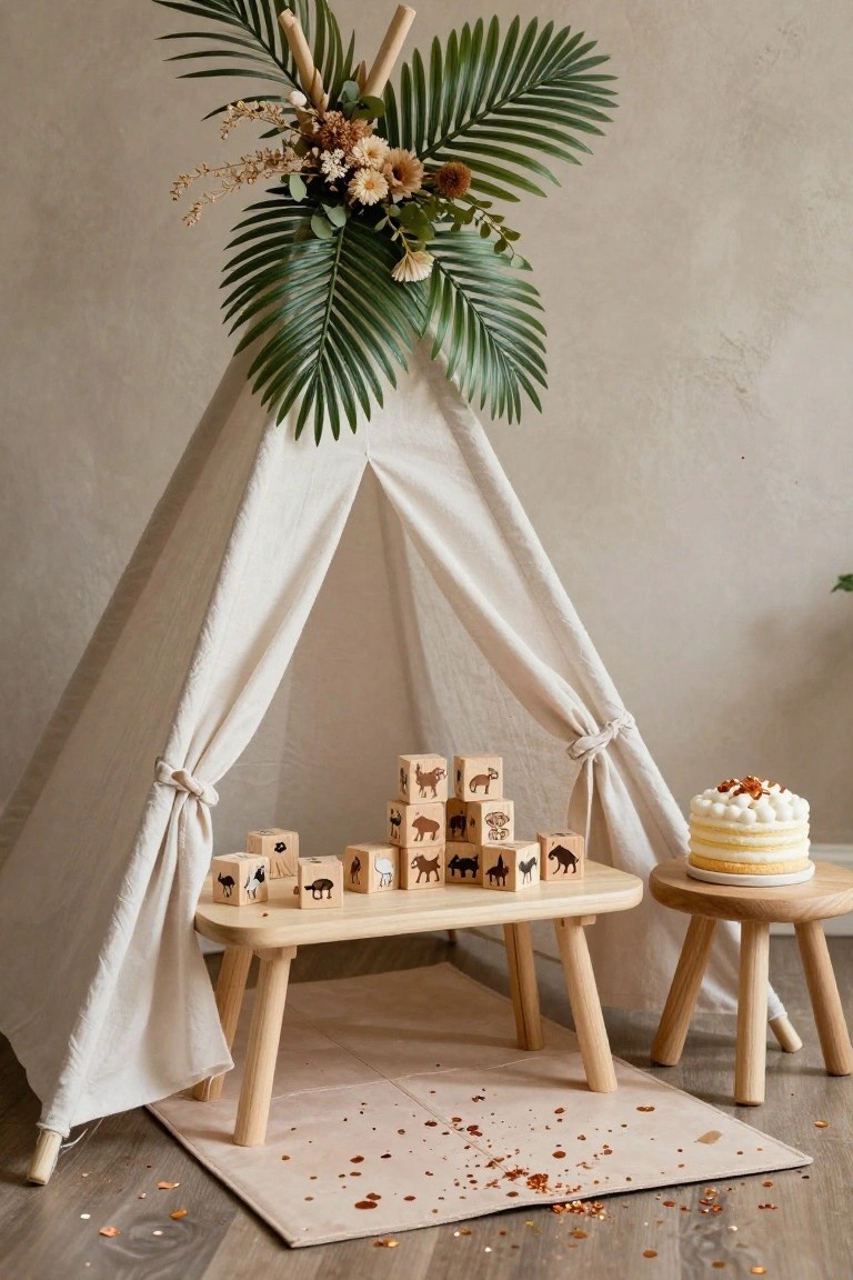 White canvas teepee with green palm fronds and dried flowers overhead, containing a wooden table topped with animal-shaped stacking blocks, flanked by wooden stools, with a small layered cake on a stool nearby, all on a blush pink rug with scattered confetti.