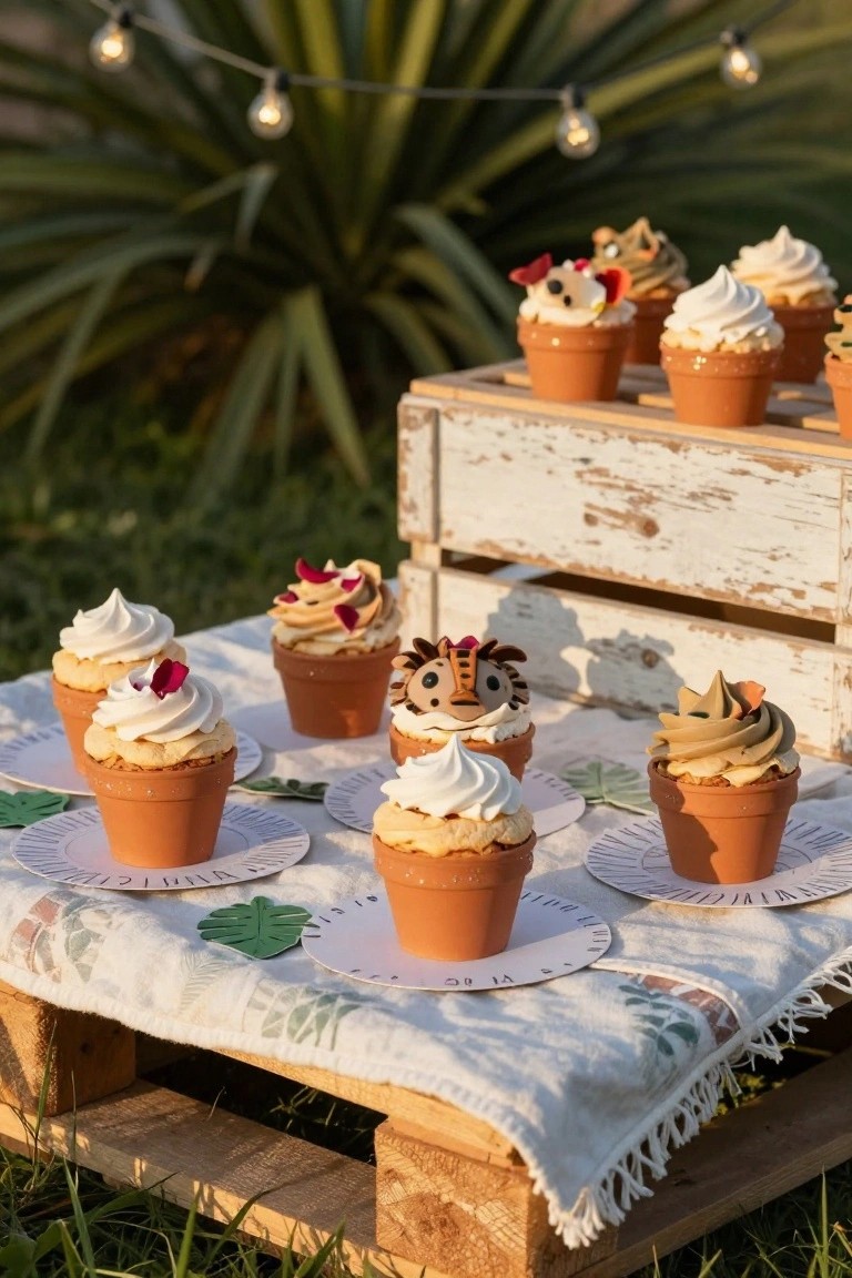 Outdoor dessert table with cupcakes in small terracotta pots topped with white and tan frosting and animal-shaped fondant figures like tigers and lions, arranged on a fabric-covered wooden pallet with green leaf placemats, near a white wooden crate and string lights in a garden setting.