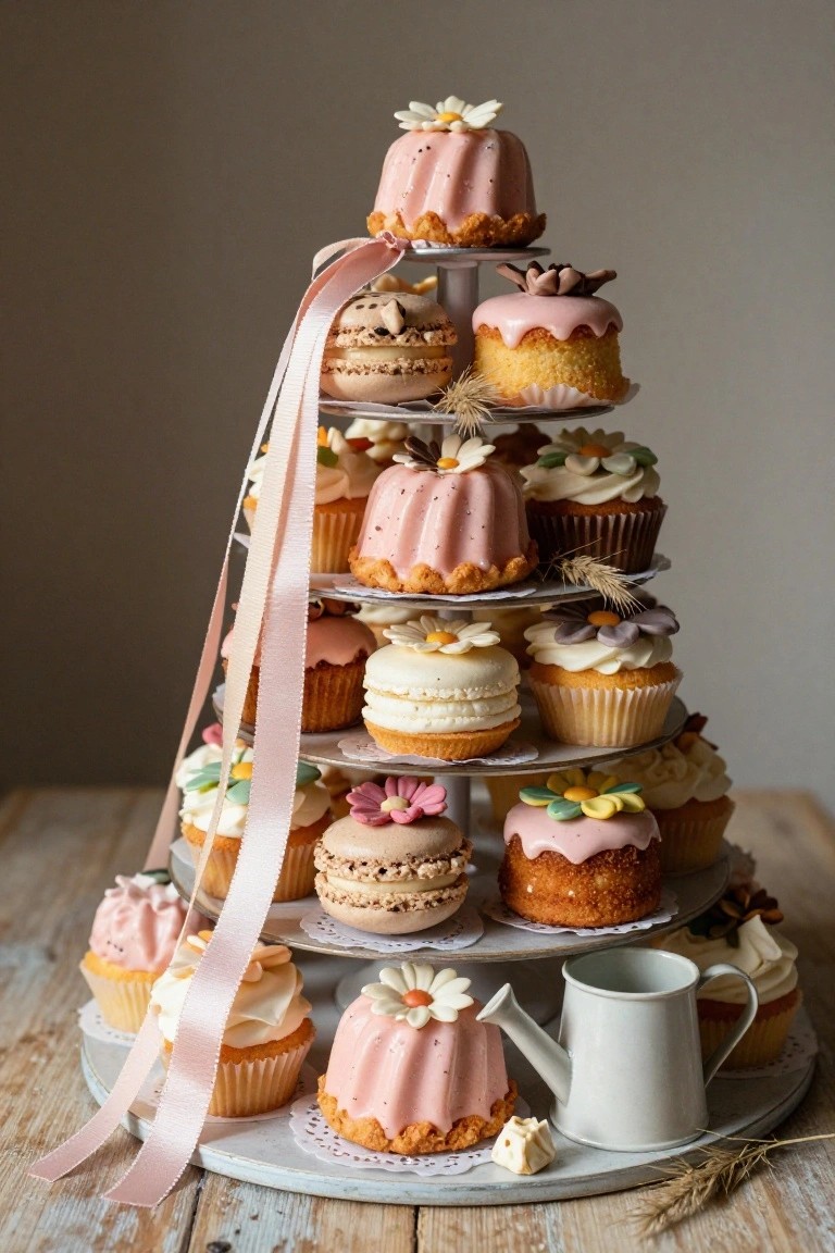 Multi-tiered metal stand on a wooden table displaying assorted pink, white, and beige cupcakes, macarons, and small cakes decorated with flowers, wheat stalks, and pink ribbon draping down the side, with a small metal watering can and wheat nearby.