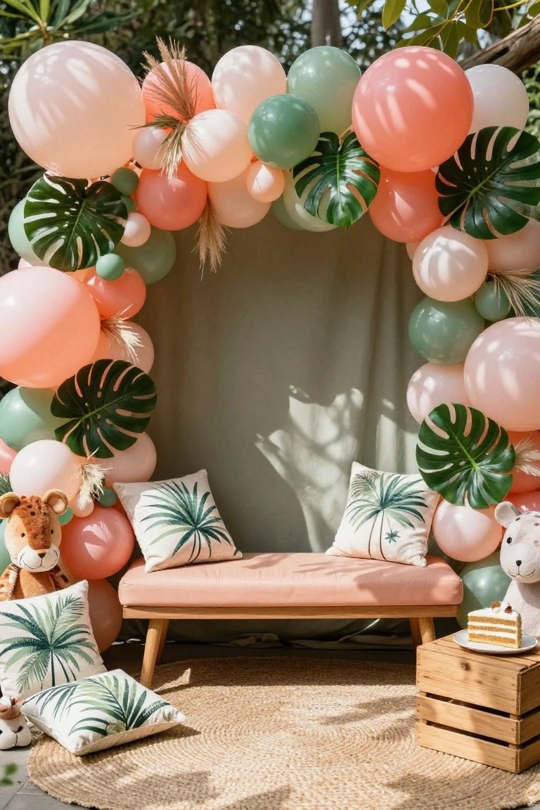 Outdoor photo setup featuring a curved balloon arch in peach, green, white, and blush tones with green monstera leaves and pampas grass accents, a pink bench with palm print pillows, tiger plush toys, and a small cake on a wooden crate atop a seagrass rug in front of a draped green backdrop.