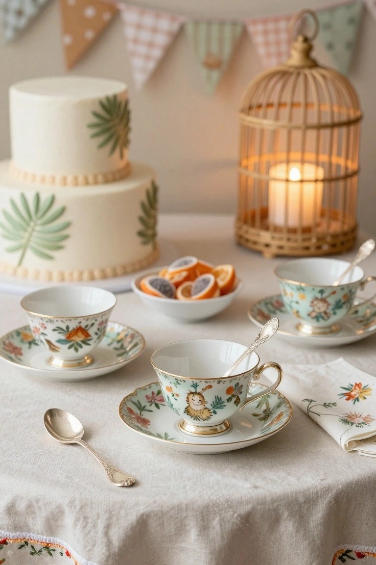Tablescape on beige linen cloth with white tiered cake decorated with green palm leaves, three colorful floral and animal motif teacups on saucers, silver spoons, bowl of orange slices, candle in birdcage lantern, and bunting garland in background.