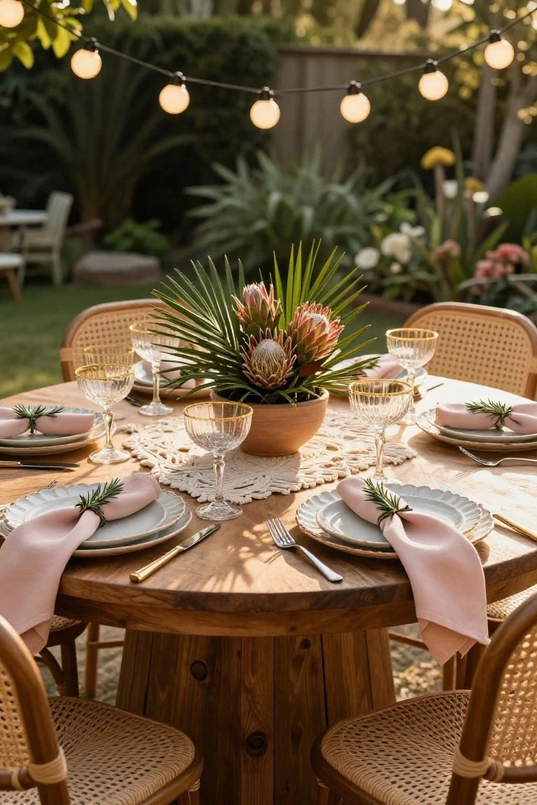 Round wooden table outdoors with rattan chairs, terracotta pot centerpiece holding pink protea flowers surrounded by green palm fronds, gold-rimmed coupes, white plates with pink napkins tied by rosemary sprigs, lace runner, string lights overhead, lush garden backdrop.