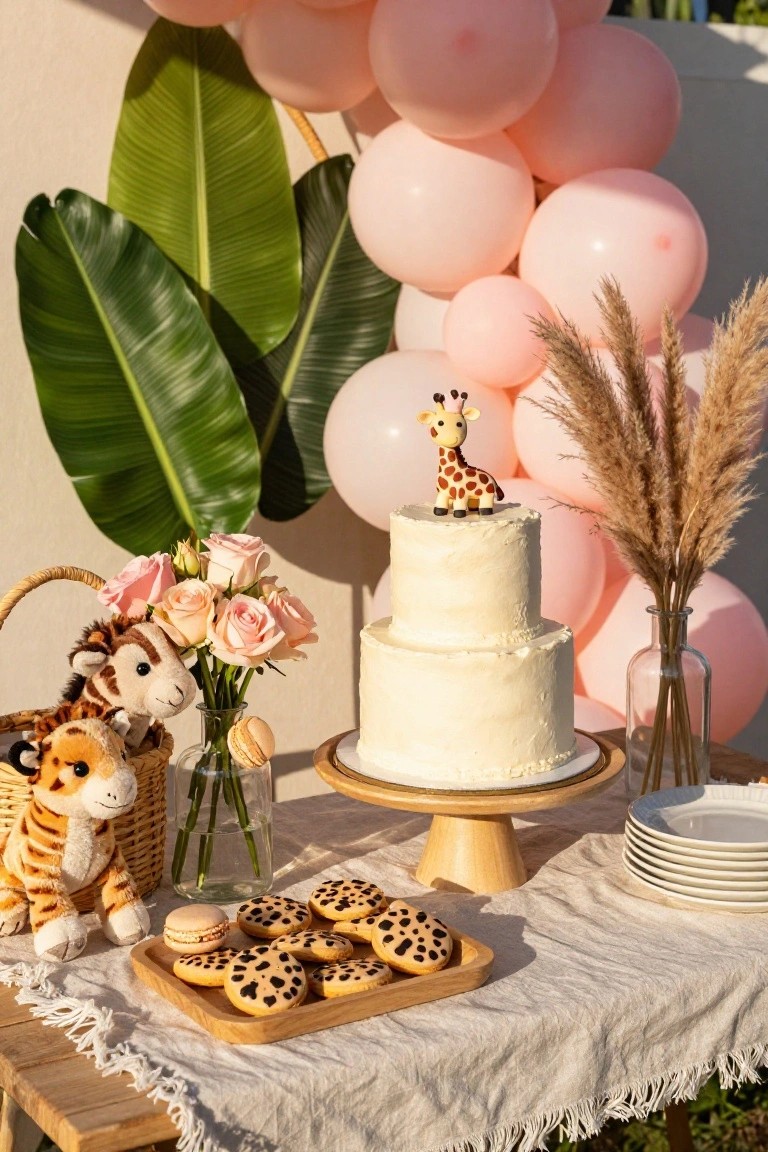 Outdoor dessert table with a two-tier white cake topped by a giraffe figurine on a wooden pedestal stand, surrounded by leopard print cookies on a wooden tray, pink macarons, pink roses in vases, tiger and giraffe stuffed animals in a wicker basket, pampas grass, and pink balloons against a backdrop of green leaves.