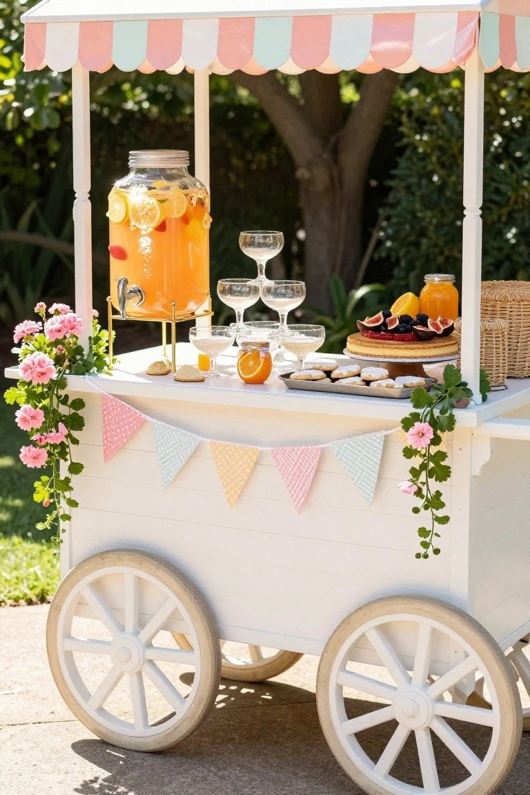 White wooden cart with pink, mint, and white striped awning outdoors, featuring a glass dispenser of orange sangria with fruit slices, champagne glasses, orange juice jar, desserts including cake and cookies on trays, surrounded by potted flowers and plants.