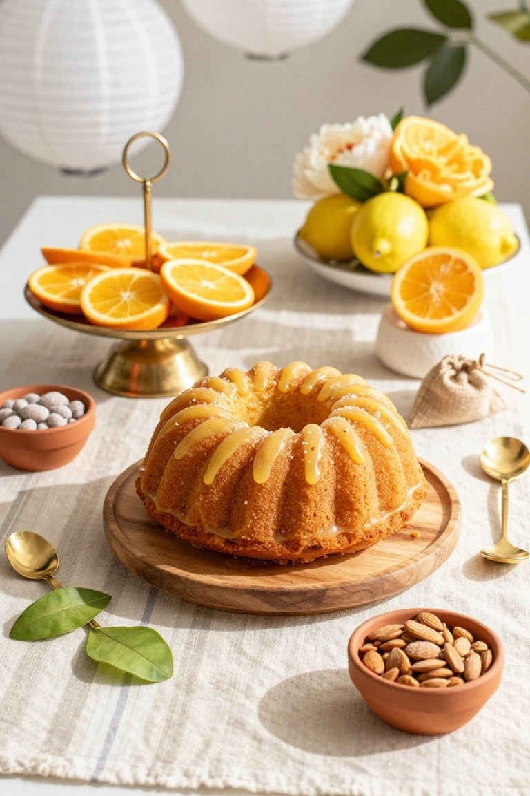 A glazed bundt cake on a wooden board centered on a white linen tablecloth, surrounded by a brass stand of orange slices, a bowl of lemons, small bowls of almonds and sugar pearls, gold spoons, and decorative elements like paper lanterns and flowers in the background.