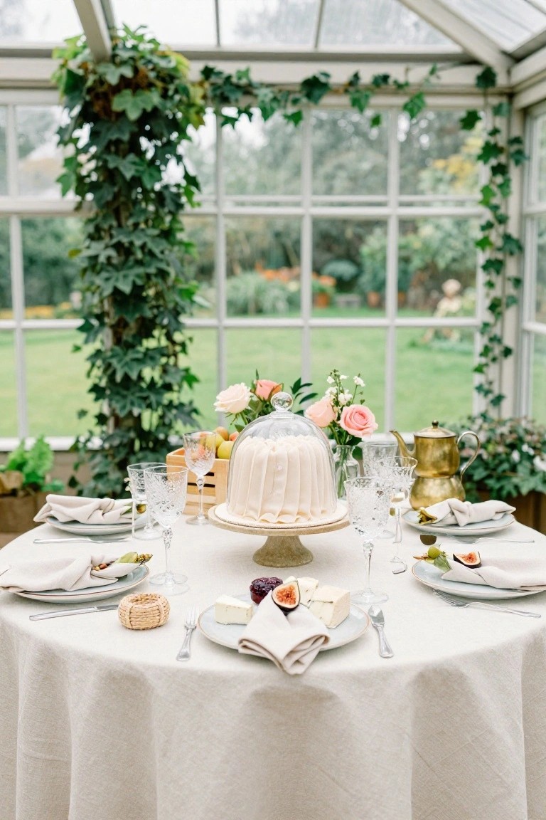 Round table set with white linens in a glass greenhouse, featuring a tall white cake under a glass dome on a pedestal, pink roses, fruit crate, cheese plates with figs, gold teapots, crystal glasses, and ivy-covered walls with garden view outside.