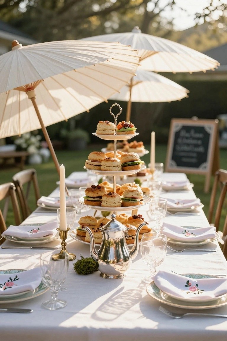Outdoor garden table arranged for high tea with three-tiered stands holding scones, sandwiches, and fruits, white paper umbrellas overhead, candles, teapot, glasses, and chairs on grass.