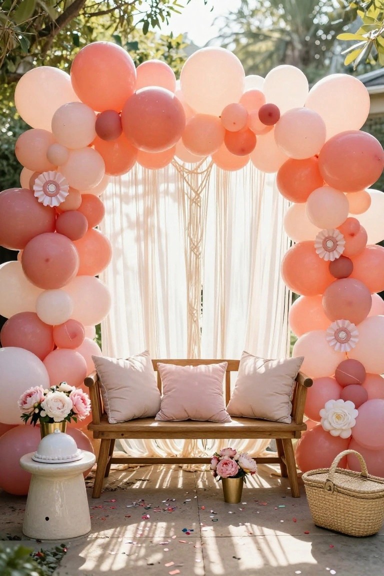 Outdoor pink and peach balloon arch framed by sheer white curtains and macrame, surrounding a wooden bench with pink pillows, potted peony arrangements, a white side stool with cloche, wicker basket, and scattered confetti petals on the ground.