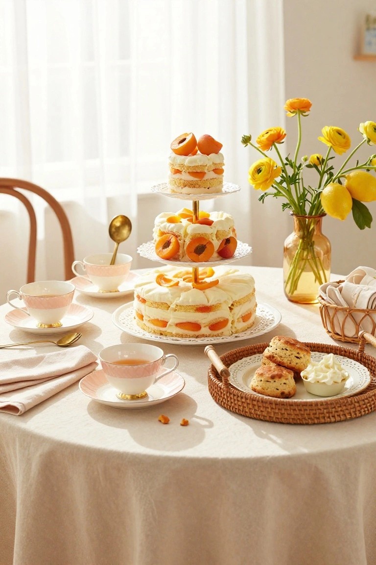 A three-tiered white stand on a beige tablecloth displaying white layered cakes topped with apricot slices, surrounded by pink teacups and saucers, scones on a wicker plate with clotted cream, yellow ranunculus flowers in a glass vase, and wicker baskets with napkins.
