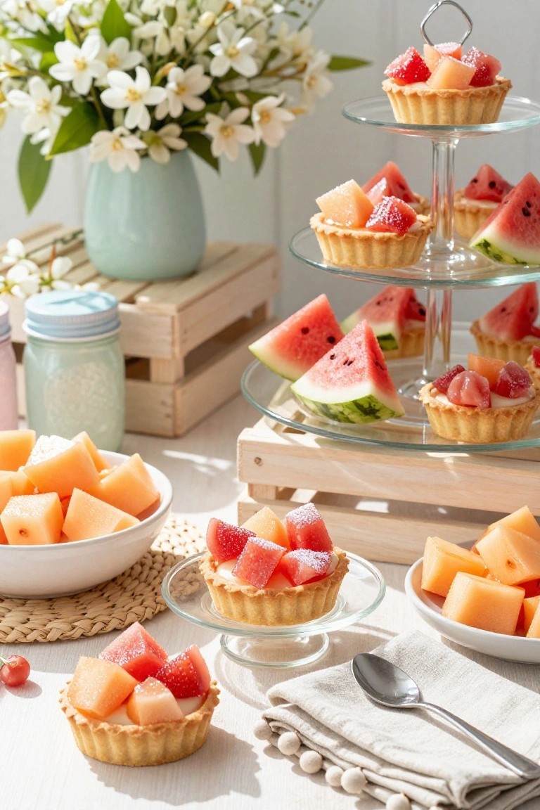 A three-tiered glass stand holds mini tarts topped with watermelon and cantaloupe pieces, surrounded by bowls of cut melon, white flowers in a vase, jars, and a spoon on a wooden surface.