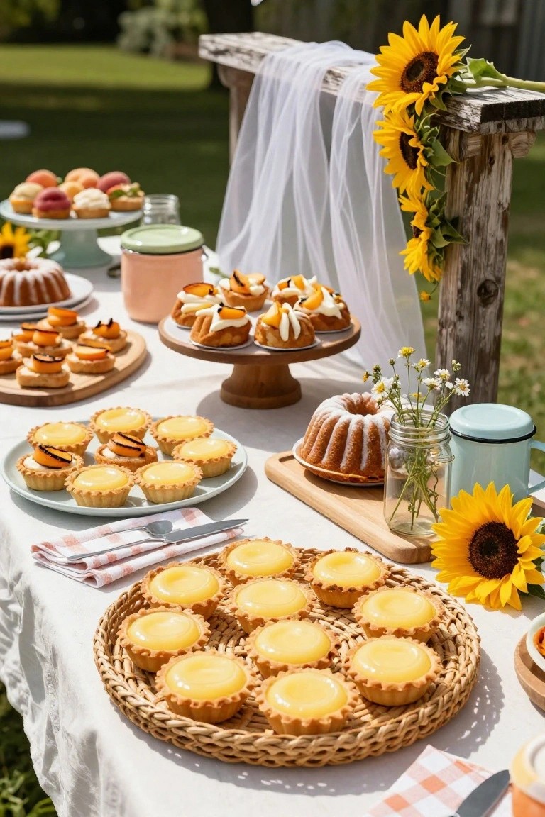 Outdoor dessert table in a garden with sunflowers draped over a wooden arch with white fabric, featuring custard tarts in a woven basket, bundt cake, pastries, and small plates arranged on wooden boards and stands.