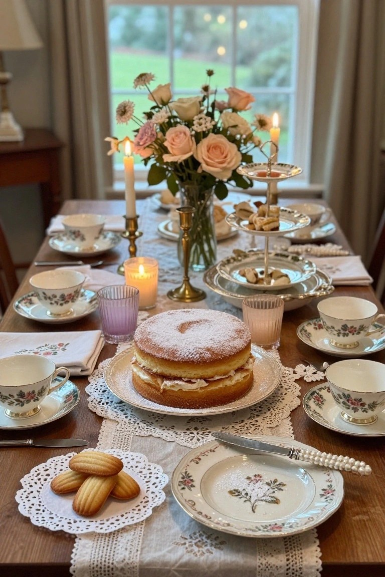 Wooden dining table set for afternoon tea with a tall dusted layered sponge cake at center, surrounded by floral-patterned vintage teacups and saucers, tiered stands of pastries, lit candles, purple glasses, lace doilies, and a vase of pink roses, next to a window with outdoor view.