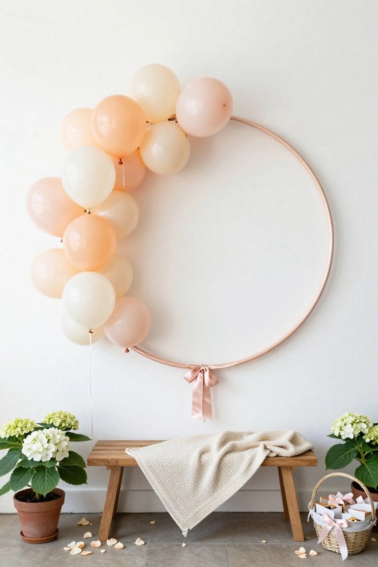 Gold hoop ring on white wall clustered with inflated peach, blush pink, and white balloons, pink ribbon bow at base, wooden bench with cream throw blanket below, potted white hydrangeas on sides, woven basket of wrapped favors, scattered petals on tile floor.