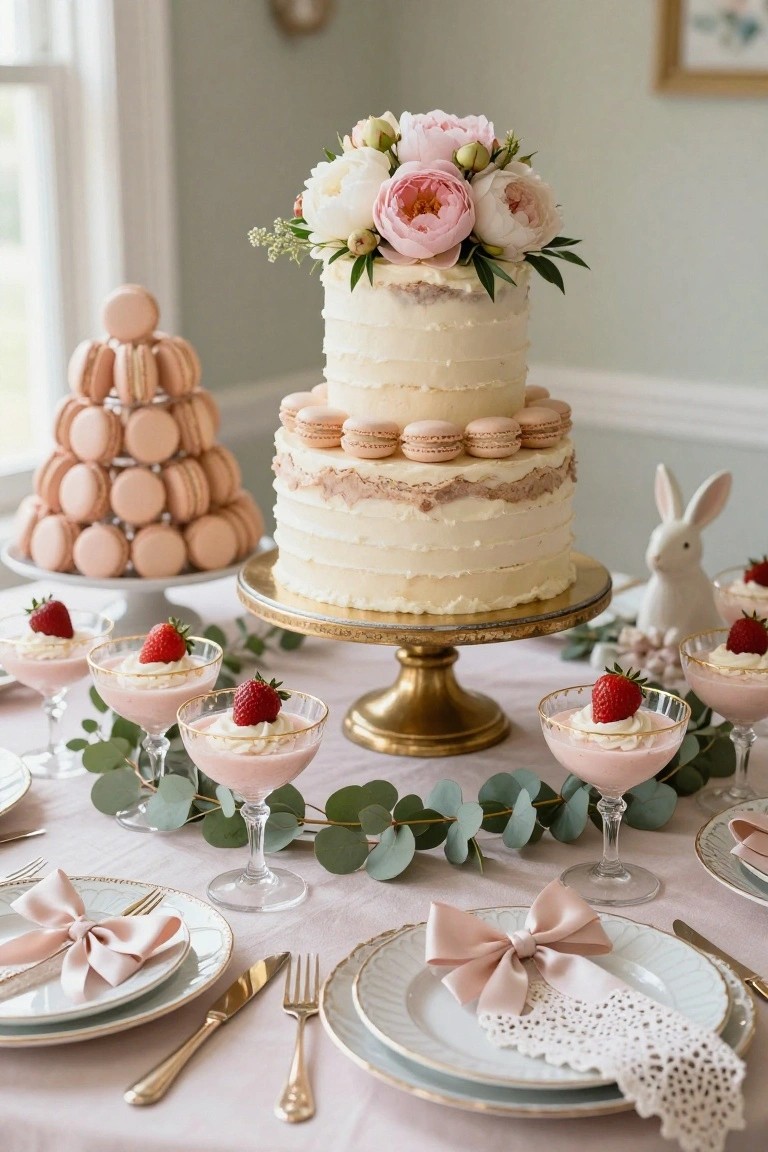 A two-tier white naked cake with pink macarons on the top and middle layers on a gold pedestal stand, surrounded by pink macaron towers, coupes of pink cream topped with strawberries, eucalyptus garland, white bunny figurine, and set plates with pink bows on a pink tablecloth.