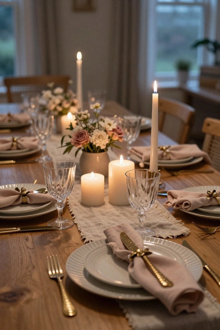 Wooden dining table set with white plates, gold flatware wrapped in pink napkins with gold ties, crystal glassware, multiple white pillar and taper candles, a small vase of blush roses and white flowers, and a beige linen runner in a softly lit indoor room.