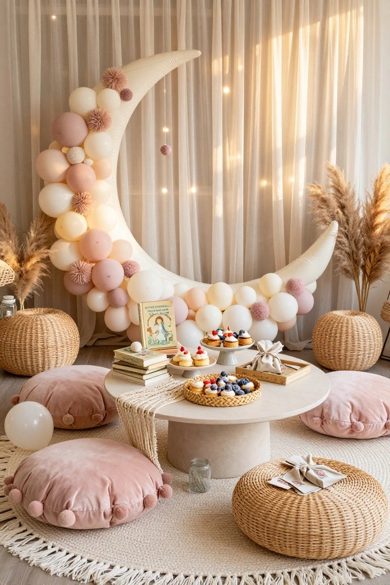 Large white crescent moon balloon arch decorated with clusters of white, pink, and beige balloons and pampas grass, with sheer curtains, woven baskets, pink floor cushions, low white table holding desserts and books on a round rug.