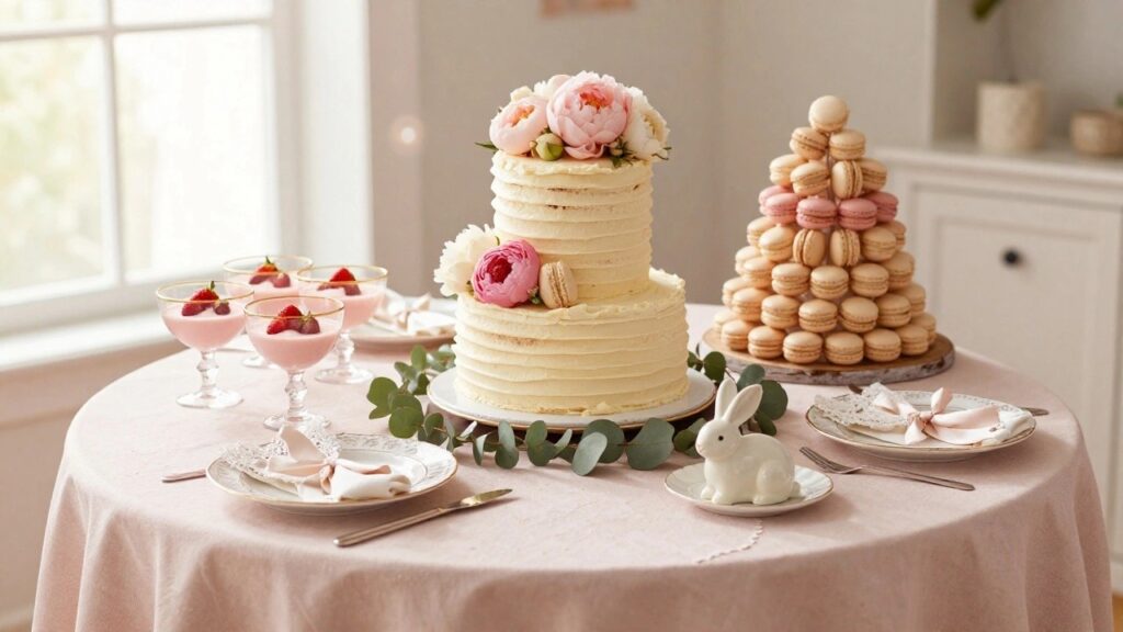 A two-tier white naked cake with pink macarons on the top and middle layers on a gold pedestal stand, surrounded by pink macaron towers, coupes of pink cream topped with strawberries, eucalyptus garland, white bunny figurine, and set plates with pink bows on a pink tablecloth.