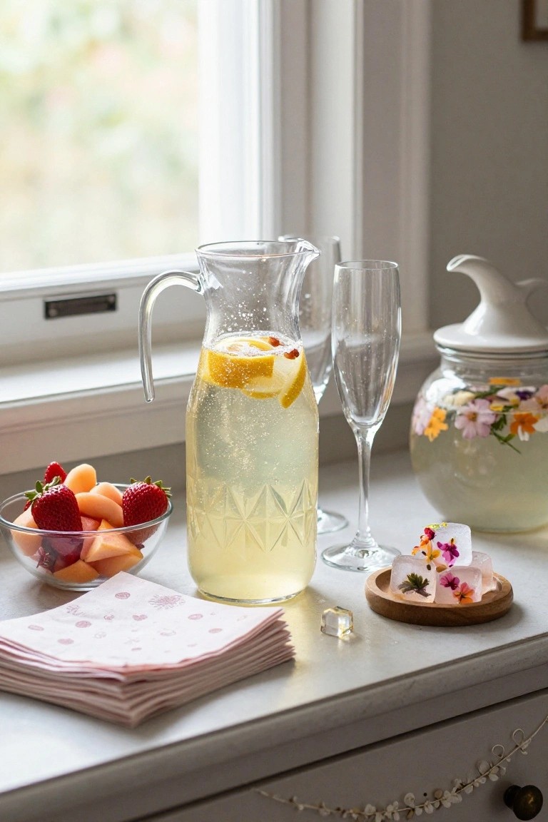 Glass pitcher of sparkling lemonade with lemon slices on a white surface near a window, accompanied by a champagne flute, bowl of strawberries and cantaloupe, pink napkins, flower-filled glass jar, and wooden tray with flower ice cubes.